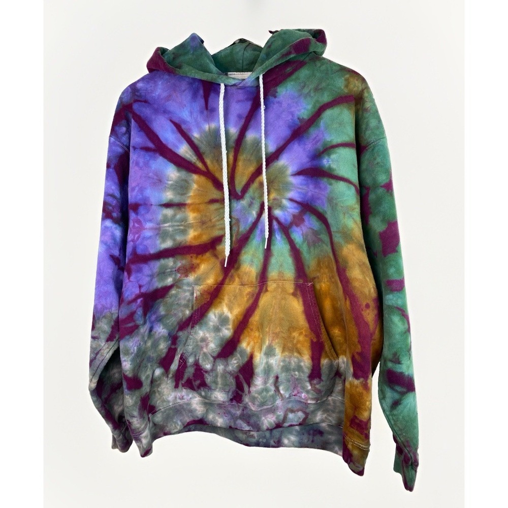 Hanes Ultimate Cotton L Purple Green Tie Dye Pullover Hoodie Sweatshirt